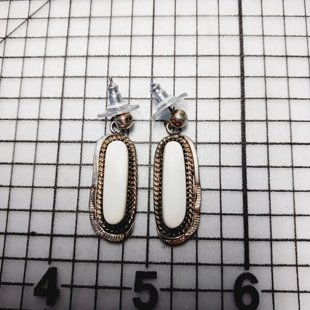 Earrings Pierced VTG Post Dangle BC Sterling Silver White Inlay Artsy Southwest